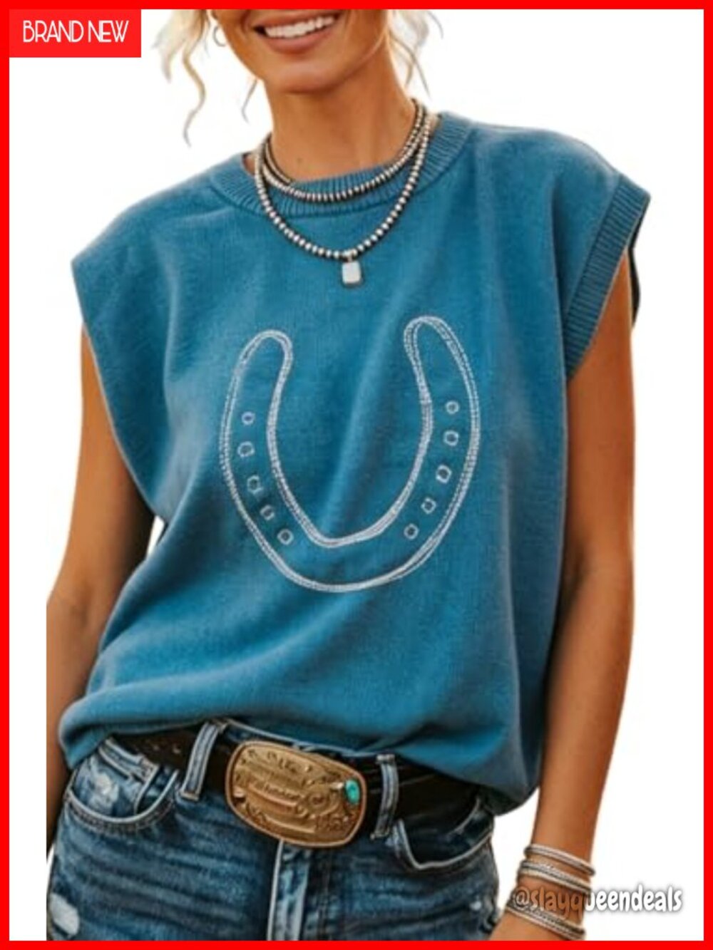 Womens Sleeveless Western Sweater Vest Horseshoe Crewneck Knitted Top